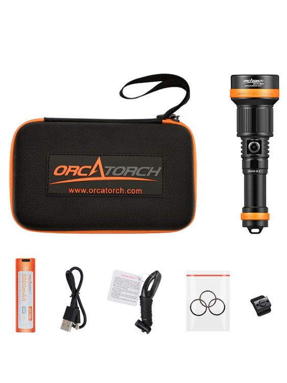 Orcatorch ZD710 MK2 Adjustable Beam 2700 Lumen Dive Torch Package